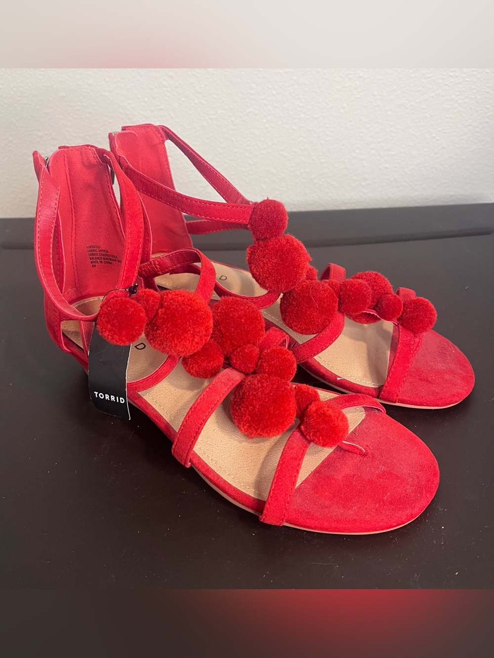 Torrid Red Pom Pom Puff Balls Strappy Sandals Zip NWT 6W